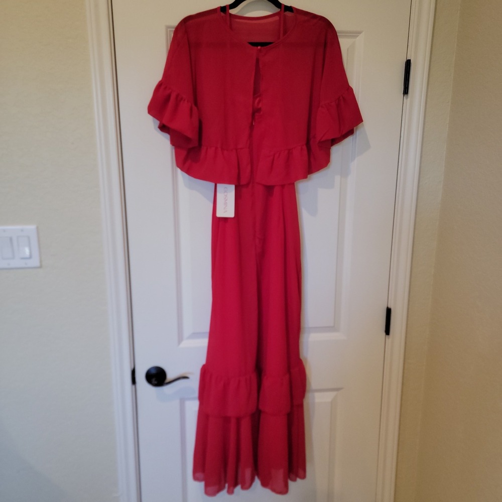 Cosmina Womens Red Ruffle Tiered Maxi Dress Size L Sheer Overlay New - Picture 11 of 11